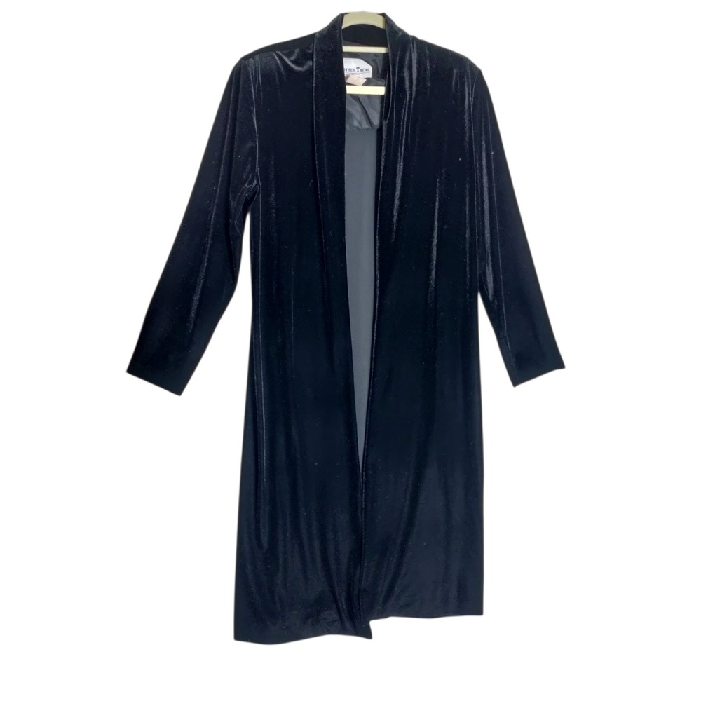 Another Thyme Black Velvet Duster Cardigan Jacket Open Front Longline Medium